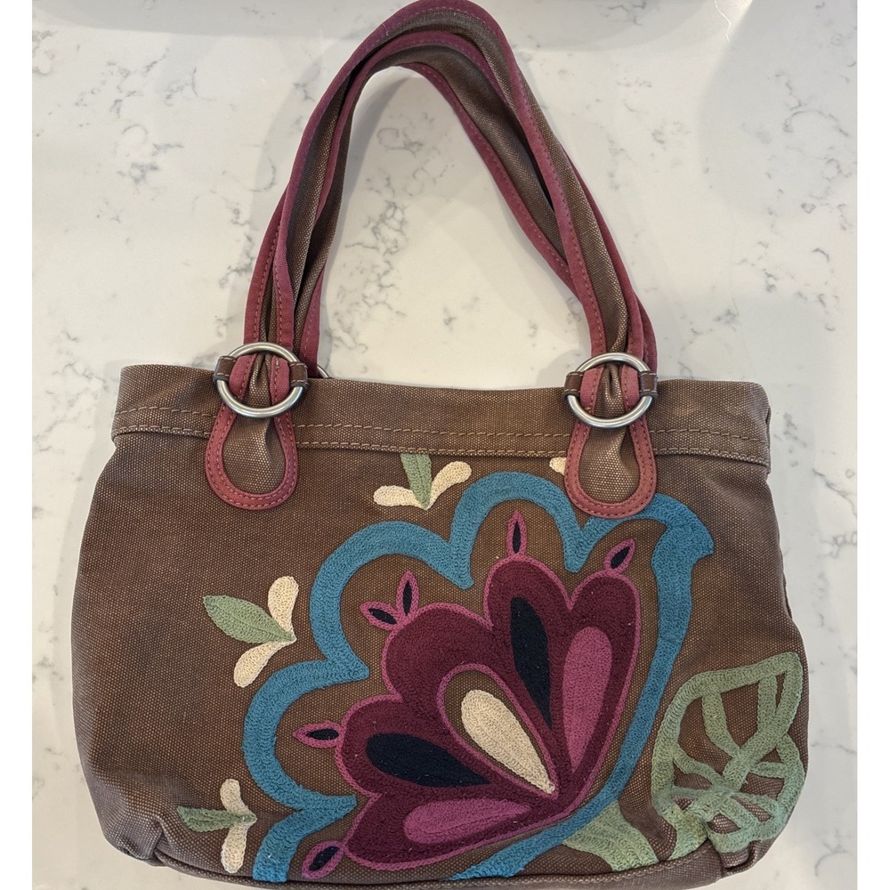 Fossil Cameron Canvas Large Tote Bag Embroidered Flower Full Zip Colorful Boho
